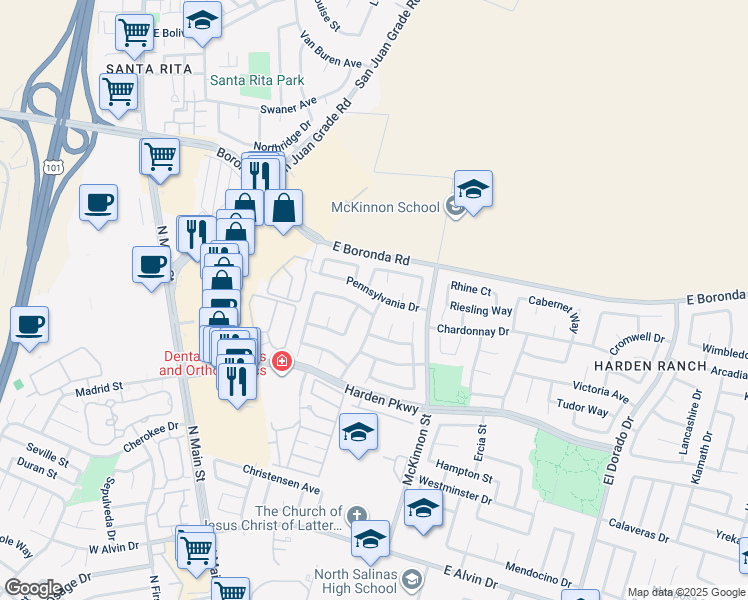 map of restaurants, bars, coffee shops, grocery stores, and more near 186 Pennsylvania Drive in Salinas