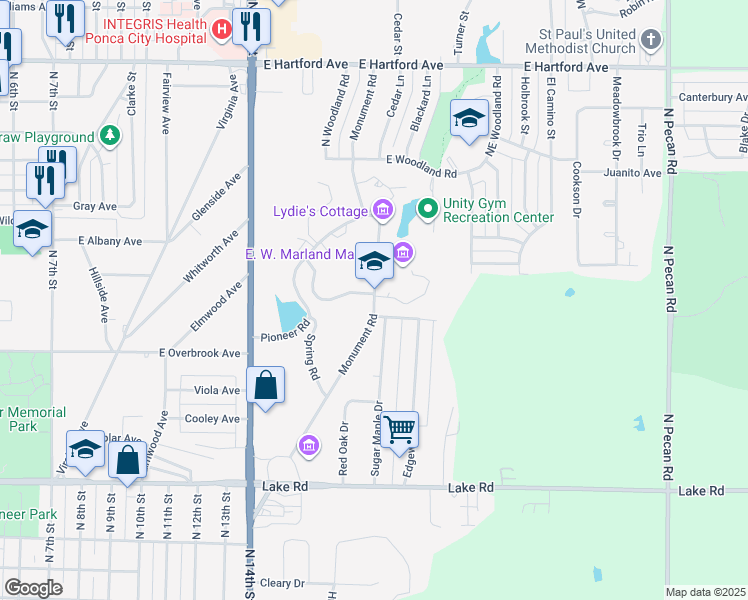 map of restaurants, bars, coffee shops, grocery stores, and more near Monument Road in Ponca City