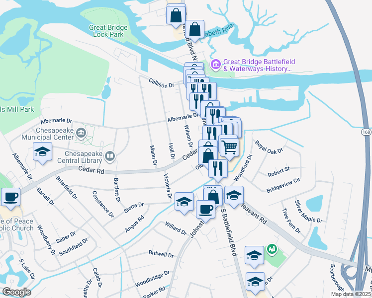 map of restaurants, bars, coffee shops, grocery stores, and more near 112 Cedar Road in Chesapeake