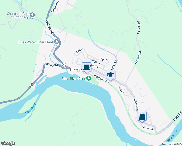 map of restaurants, bars, coffee shops, grocery stores, and more near 165 Riverview Apartments in Fries