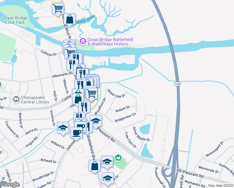 map of restaurants, bars, coffee shops, grocery stores, and more near 216 Royal Oak Drive in Chesapeake