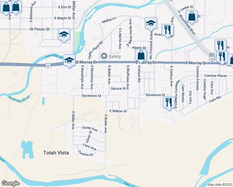 map of restaurants, bars, coffee shops, grocery stores, and more near 725 Sycamore Street in Farmington