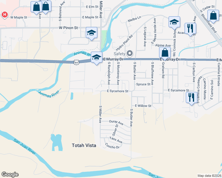 map of restaurants, bars, coffee shops, grocery stores, and more near 401-499 East Sycamore Street in Farmington