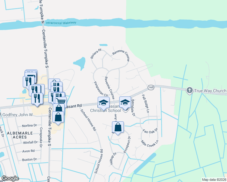 map of restaurants, bars, coffee shops, grocery stores, and more near 1603 Cicero Court in Chesapeake