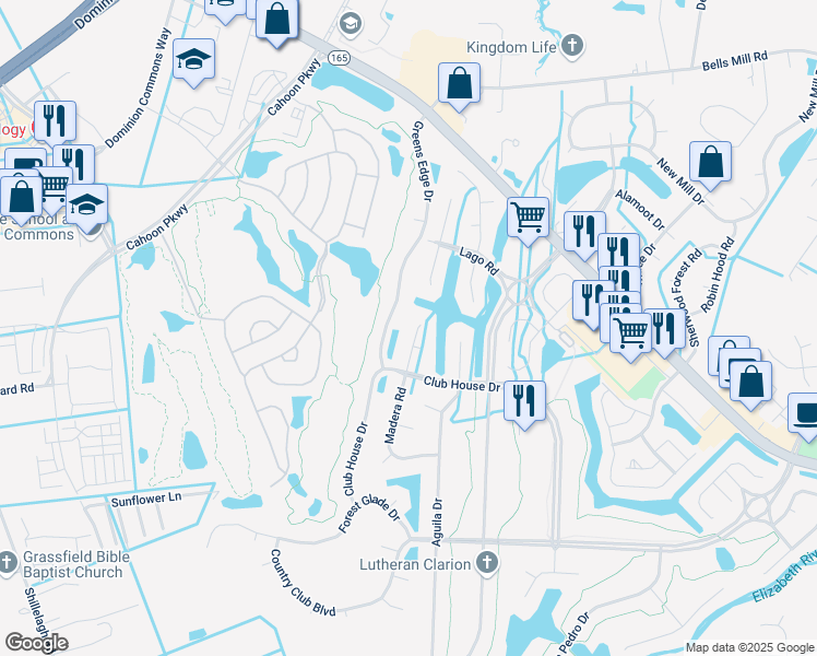map of restaurants, bars, coffee shops, grocery stores, and more near 507 Madera Road in Chesapeake