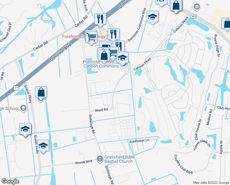 map of restaurants, bars, coffee shops, grocery stores, and more near 1619 Catbird in Chesapeake