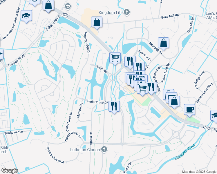 map of restaurants, bars, coffee shops, grocery stores, and more near 740 Sendero Court in Chesapeake