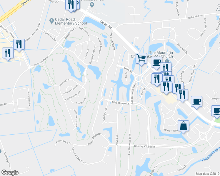 map of restaurants, bars, coffee shops, grocery stores, and more near 504 Madera Road in Chesapeake