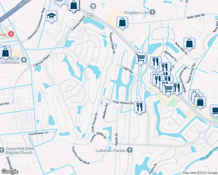 map of restaurants, bars, coffee shops, grocery stores, and more near 507 Madera Road in Chesapeake