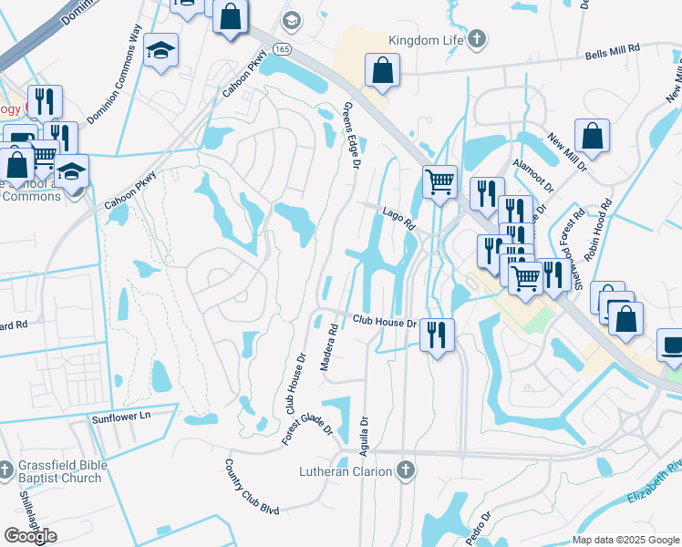 map of restaurants, bars, coffee shops, grocery stores, and more near 504 Madera Road in Chesapeake