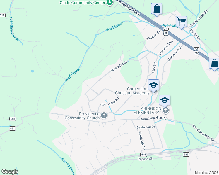 map of restaurants, bars, coffee shops, grocery stores, and more near 16364 Old Timber Road in Abingdon