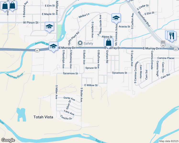 map of restaurants, bars, coffee shops, grocery stores, and more near 725 Sycamore Street in Farmington