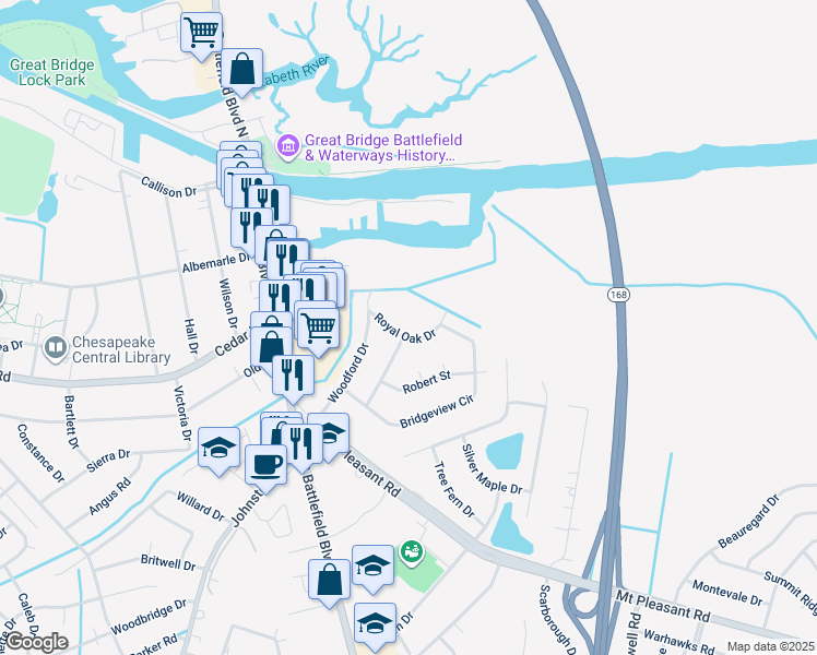 map of restaurants, bars, coffee shops, grocery stores, and more near 216 Royal Oak Drive in Chesapeake
