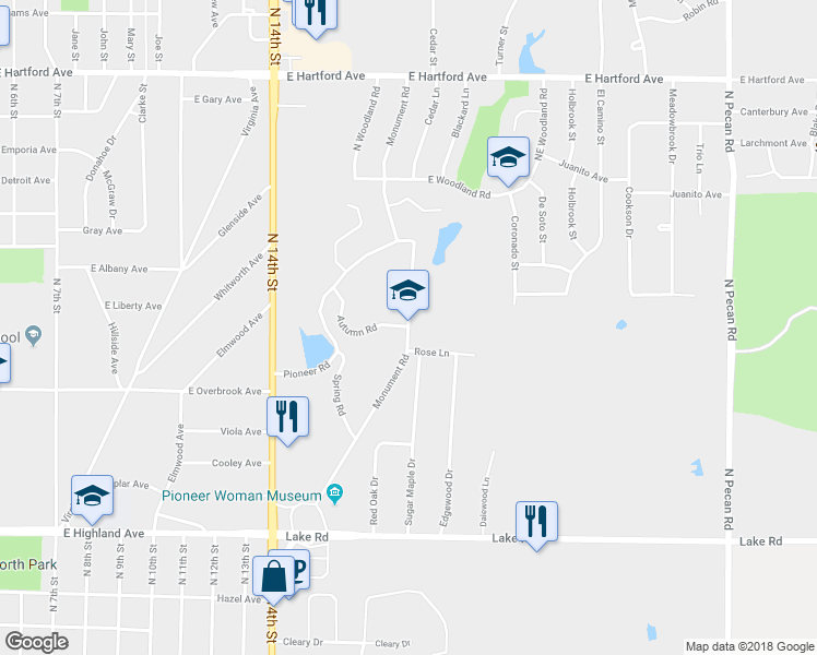 map of restaurants, bars, coffee shops, grocery stores, and more near 899 Monument Road in Ponca City