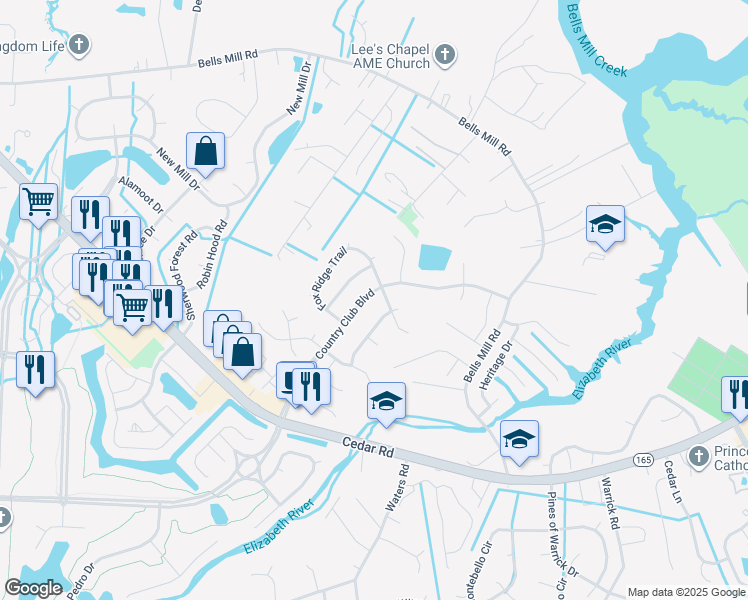 map of restaurants, bars, coffee shops, grocery stores, and more near 225 Country Club Boulevard in Chesapeake