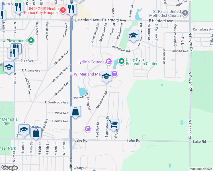 map of restaurants, bars, coffee shops, grocery stores, and more near Monument Road in Ponca City