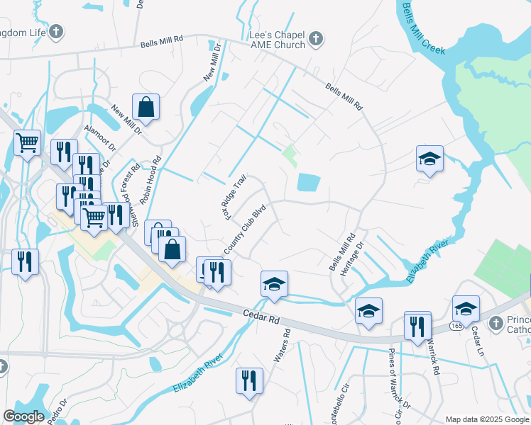 map of restaurants, bars, coffee shops, grocery stores, and more near 225 Country Club Boulevard in Chesapeake