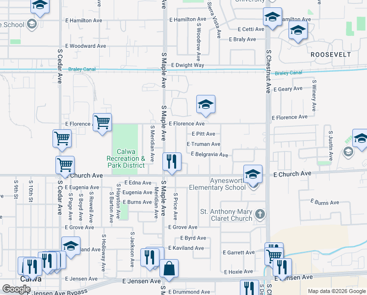 map of restaurants, bars, coffee shops, grocery stores, and more near 4644 East Belgravia Avenue in Fresno