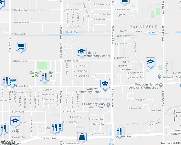map of restaurants, bars, coffee shops, grocery stores, and more near 2341 South Whitney Avenue in Fresno
