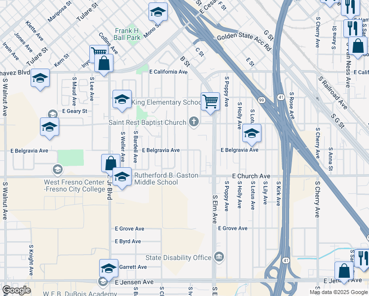 map of restaurants, bars, coffee shops, grocery stores, and more near 1435 East Belgravia Avenue in Fresno