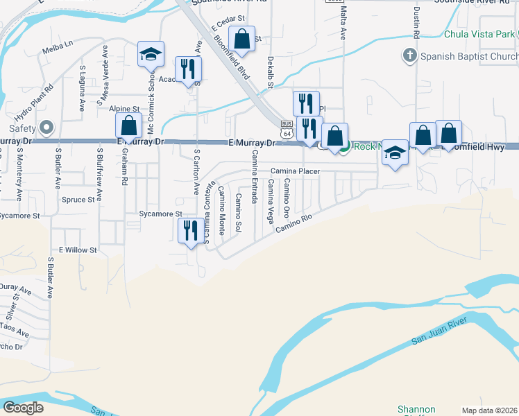 map of restaurants, bars, coffee shops, grocery stores, and more near 1405 Camina Entrada in Farmington