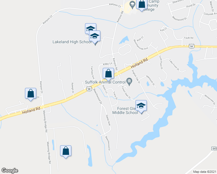map of restaurants, bars, coffee shops, grocery stores, and more near 202 Tracy Drive in Suffolk