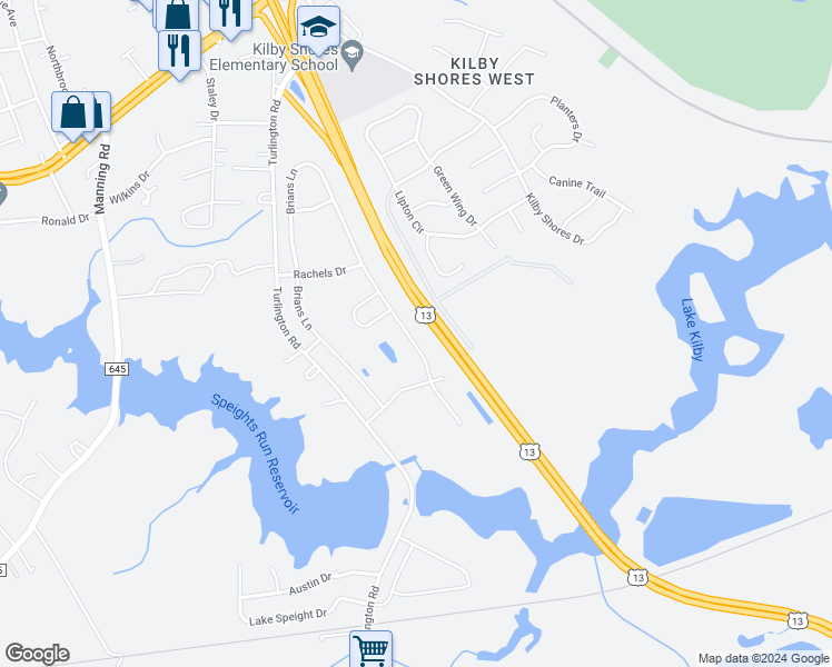map of restaurants, bars, coffee shops, grocery stores, and more near 2129 Brian's Lane in Suffolk