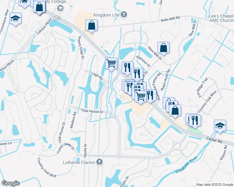 map of restaurants, bars, coffee shops, grocery stores, and more near 305 Brisa Court in Chesapeake