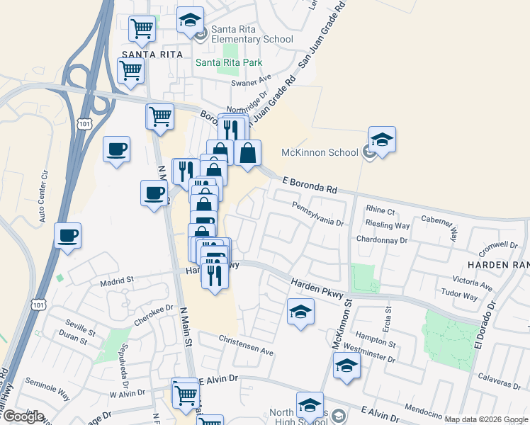 map of restaurants, bars, coffee shops, grocery stores, and more near 1829 Delancey Drive in Salinas