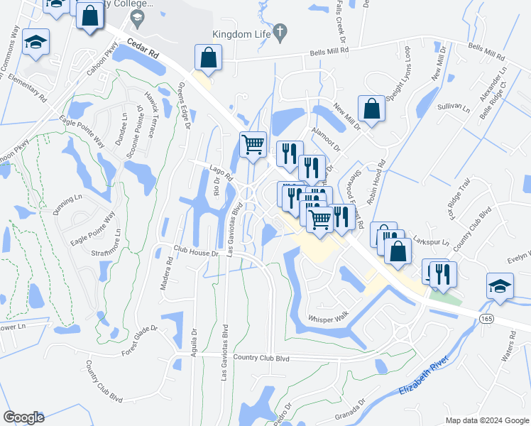 map of restaurants, bars, coffee shops, grocery stores, and more near 403 Brisa Court in Chesapeake