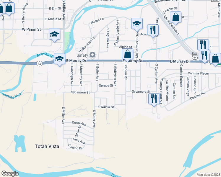 map of restaurants, bars, coffee shops, grocery stores, and more near 725 Sycamore Street in Farmington