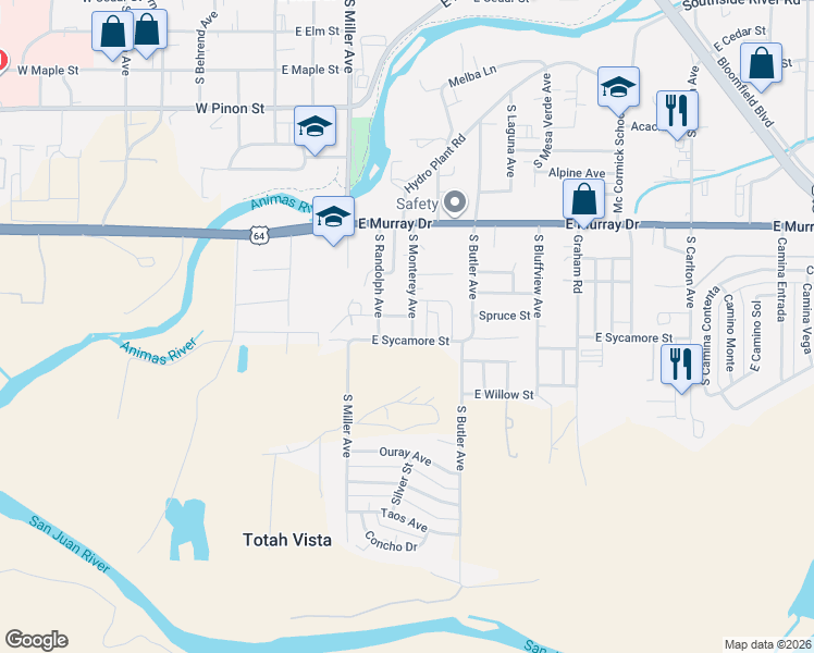map of restaurants, bars, coffee shops, grocery stores, and more near 401-499 East Sycamore Street in Farmington