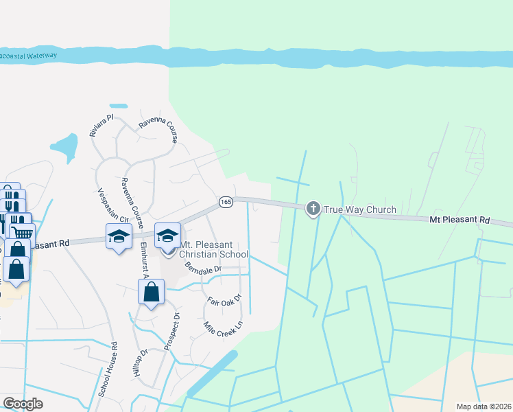 map of restaurants, bars, coffee shops, grocery stores, and more near 1717 Mount Pleasant Road in Chesapeake