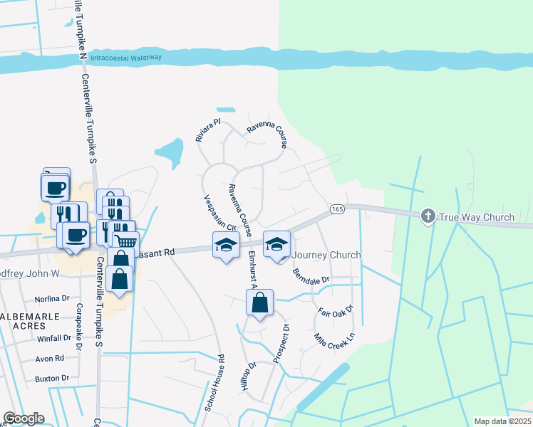 map of restaurants, bars, coffee shops, grocery stores, and more near 325 Vespasian Circle in Chesapeake