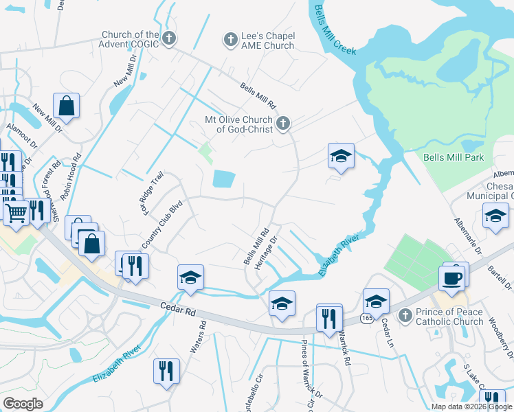 map of restaurants, bars, coffee shops, grocery stores, and more near 700 Renee Lane in Chesapeake