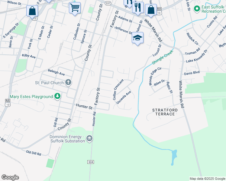 map of restaurants, bars, coffee shops, grocery stores, and more near 396 Collier Crescent in Suffolk