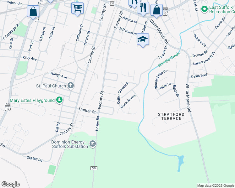 map of restaurants, bars, coffee shops, grocery stores, and more near 396 Collier Crescent in Suffolk