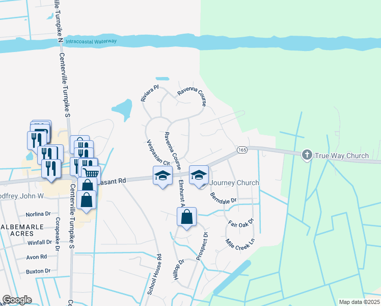 map of restaurants, bars, coffee shops, grocery stores, and more near 325 Vespasian Circle in Chesapeake
