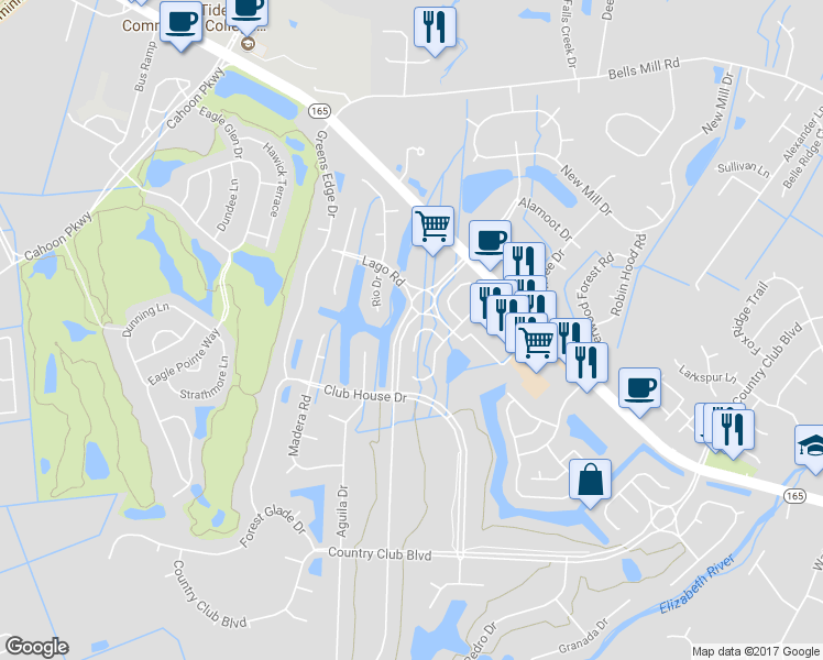 map of restaurants, bars, coffee shops, grocery stores, and more near 734 Sendero Court in Chesapeake