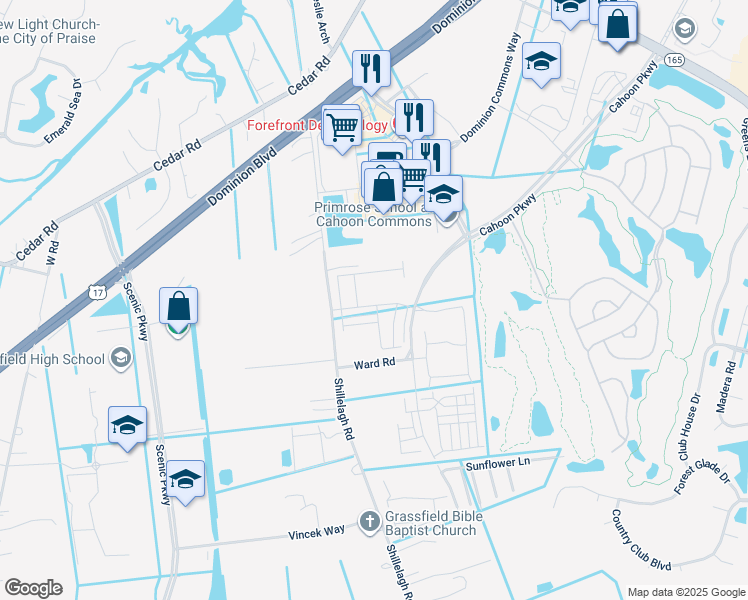 map of restaurants, bars, coffee shops, grocery stores, and more near 526 Bright Red Run in Chesapeake
