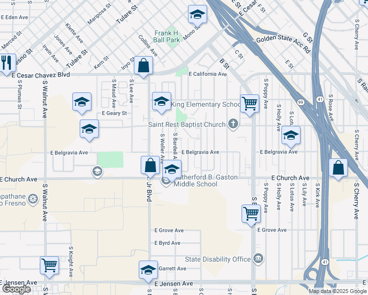 map of restaurants, bars, coffee shops, grocery stores, and more near 2329 South Bardell Avenue in Fresno