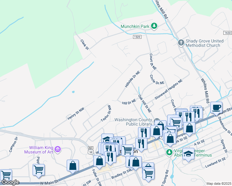 map of restaurants, bars, coffee shops, grocery stores, and more near 315-319 Crestview Dr NE in Abingdon