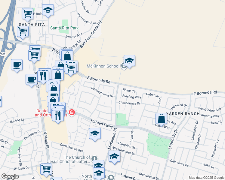map of restaurants, bars, coffee shops, grocery stores, and more near 1980 Princeton Court in Salinas