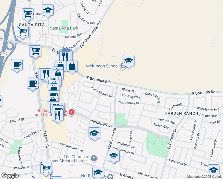 map of restaurants, bars, coffee shops, grocery stores, and more near 1980 Princeton Court in Salinas