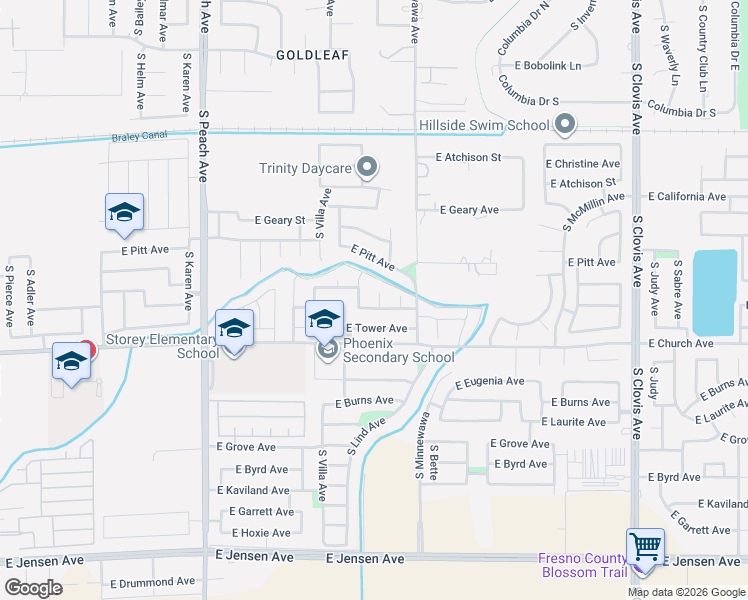 map of restaurants, bars, coffee shops, grocery stores, and more near 2349 South Rachel Avenue in Fresno