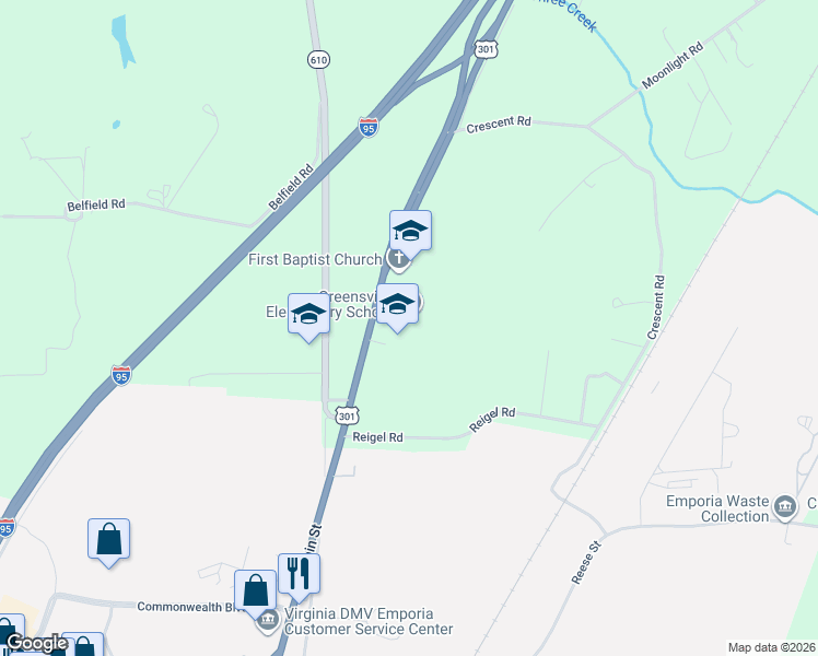 map of restaurants, bars, coffee shops, grocery stores, and more near 1151 Sussex Drive in Emporia