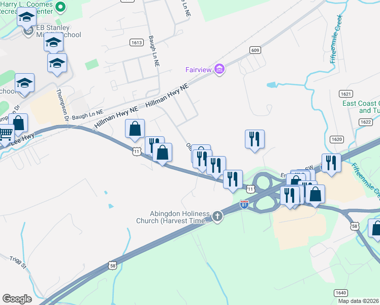 map of restaurants, bars, coffee shops, grocery stores, and more near 228-398 Old 11 Drive Southeast in Abingdon
