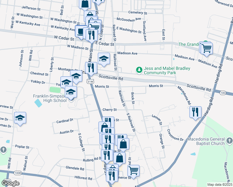 map of restaurants, bars, coffee shops, grocery stores, and more near 403-421 South Railroad Street in Franklin