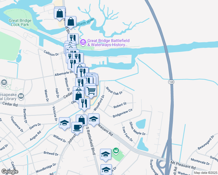 map of restaurants, bars, coffee shops, grocery stores, and more near 204 Royal Oak Drive in Chesapeake