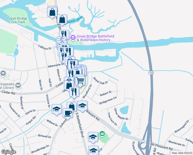 map of restaurants, bars, coffee shops, grocery stores, and more near 204 Royal Oak Drive in Chesapeake